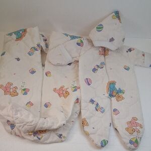 Vintage 2-Piece Quilted Pram Set Teddy Bear Sleep Sack & Hooded Footed Bunting